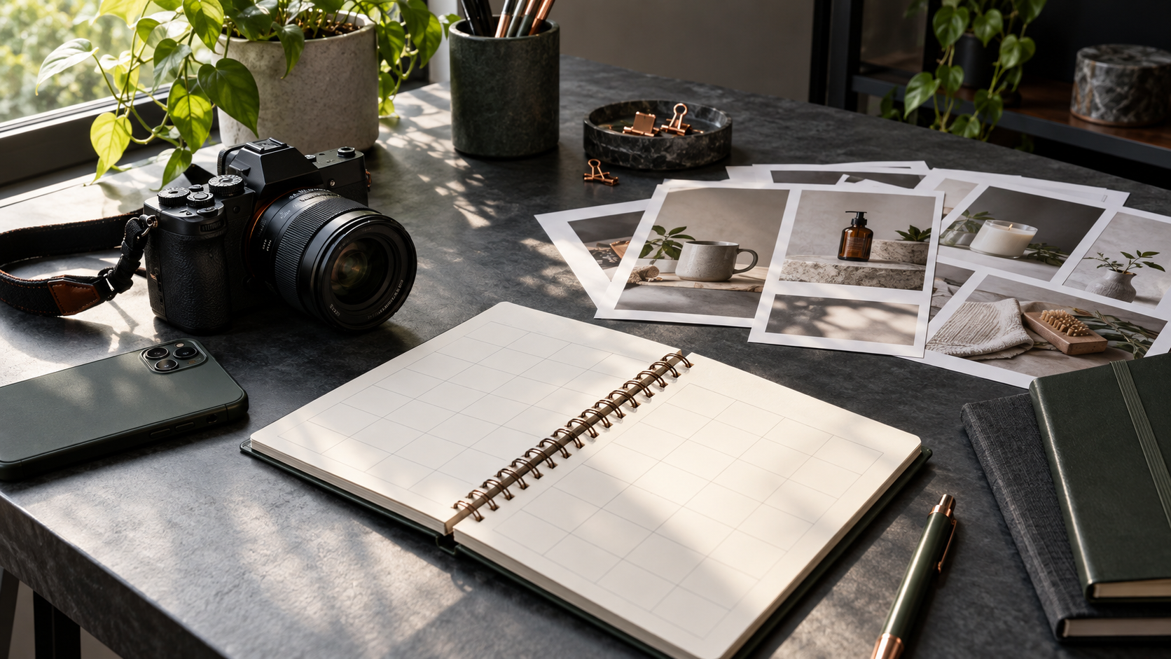 Camera, smartphone, blank planner and product photographs on a naturally lit creative studio desk.