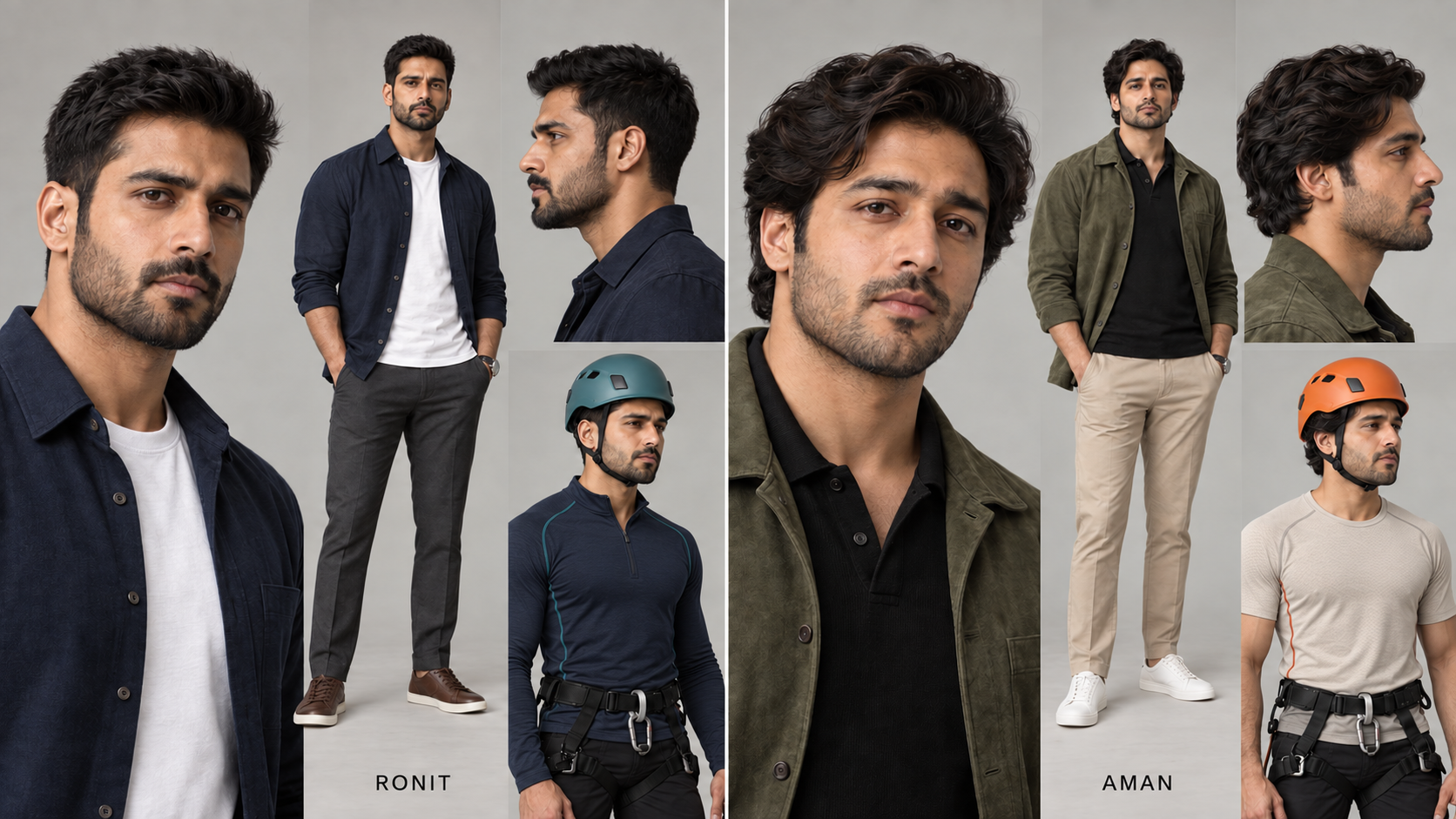 AI character development references for Ronit and Aman, including wardrobe and adventure-gear variations