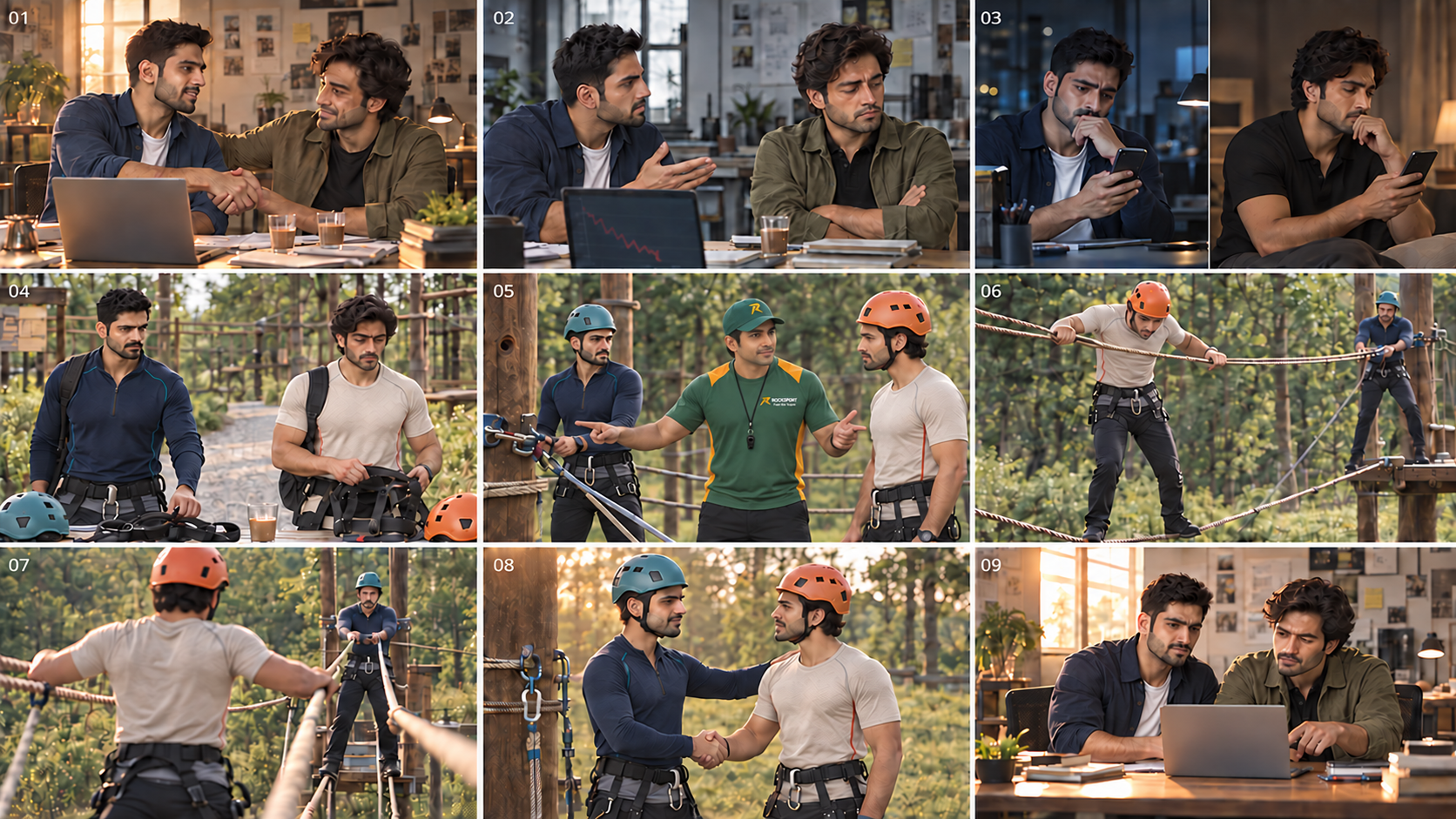 AI-generated Rocksport storyboard showing office scenes, an instructor and a shared adventure sequence.
