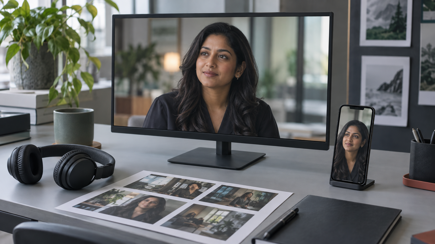 Editorial illustration of a video review workstation with film frames and headphones.
