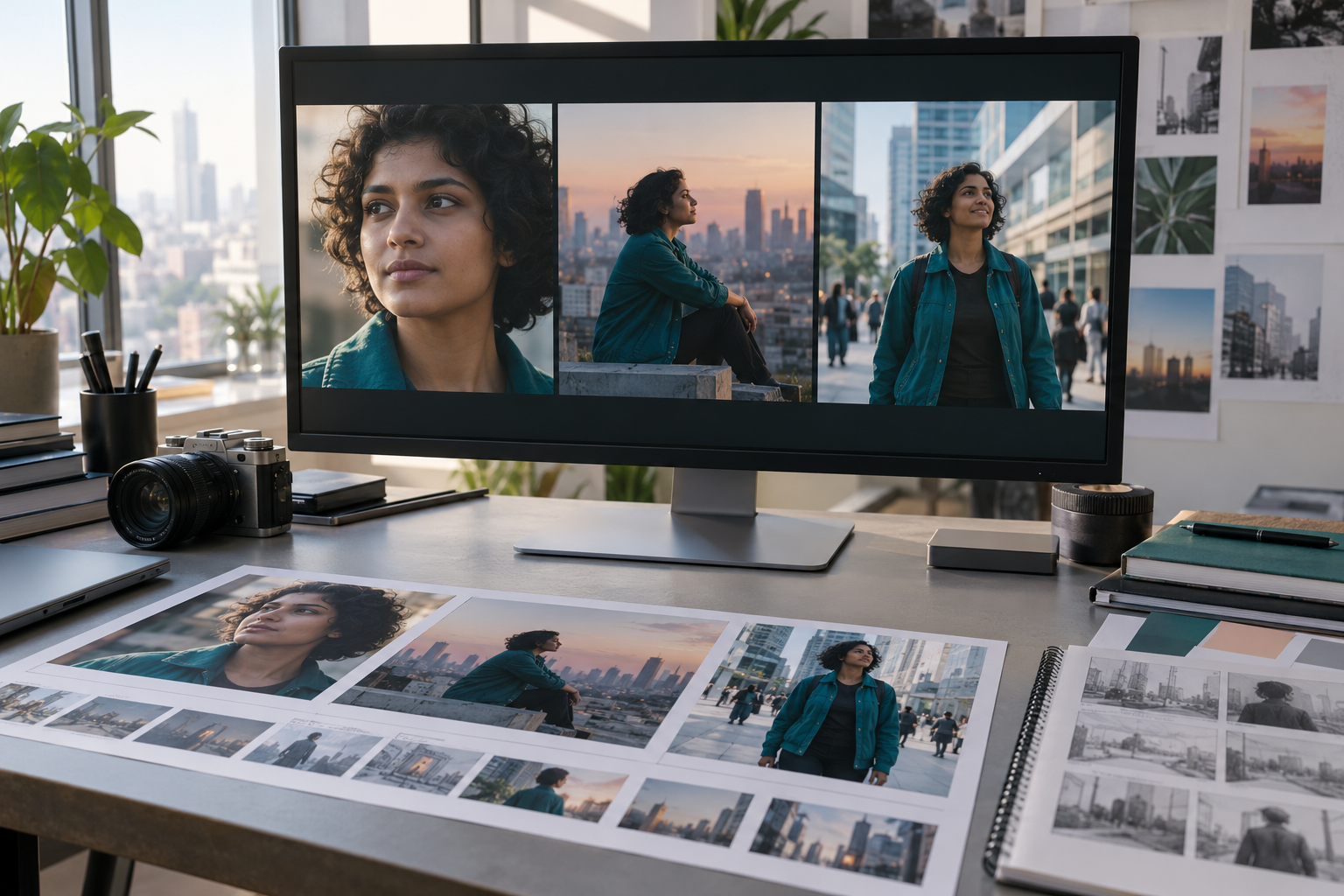 AI-generated editorial illustration of a monitor and storyboard showing one fictional character across three cinematic settings.