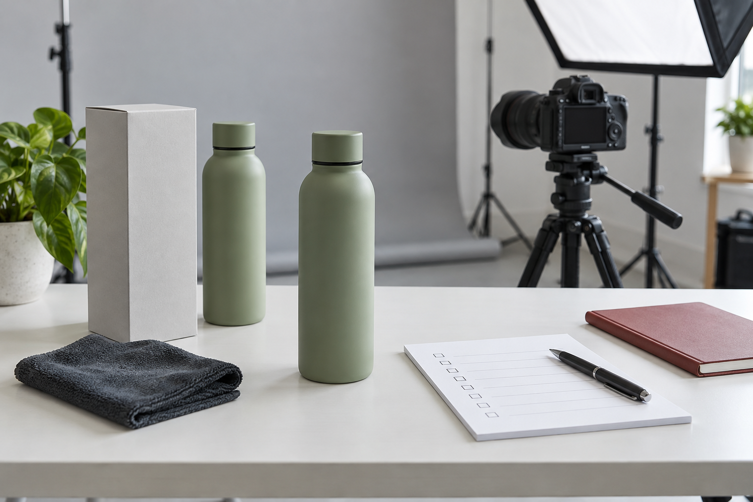 AI-generated editorial illustration of two product bottles, packaging and a preparation checklist beside studio camera equipment.