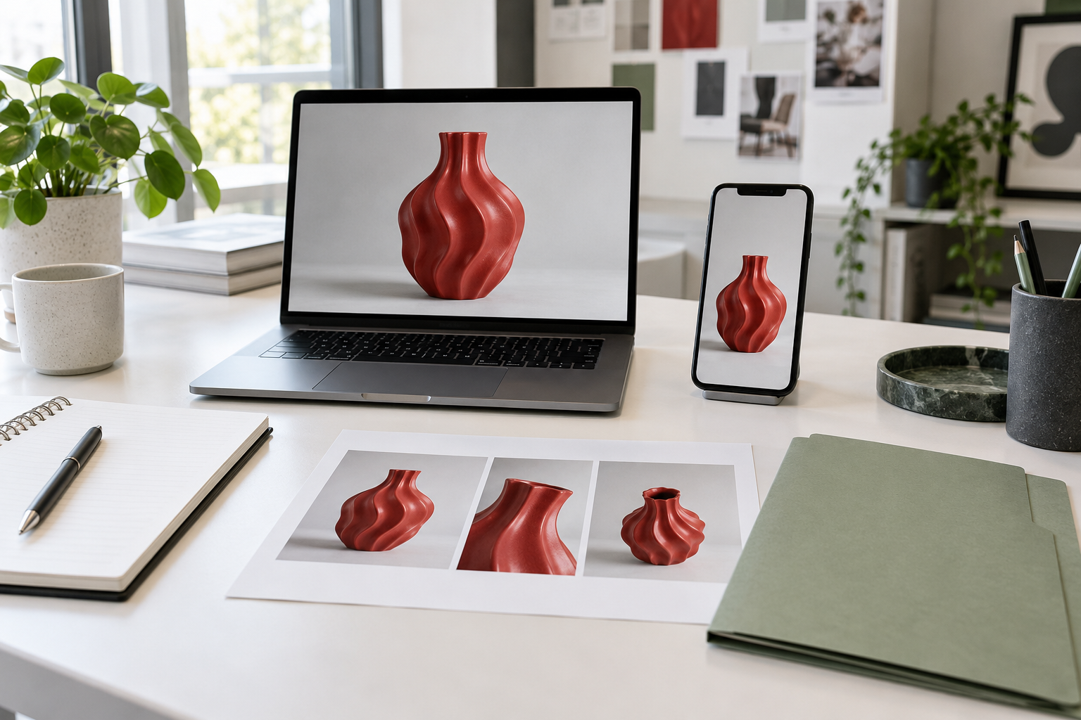 AI-generated editorial illustration of matching social post previews on a laptop and smartphone beside printed images and a review notebook.
