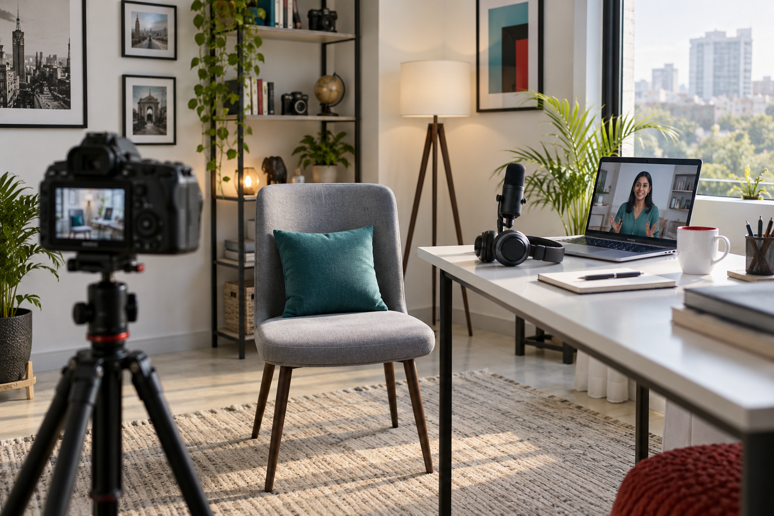 AI-generated editorial illustration of a compact content studio with a camera, microphone, laptop and empty chair.