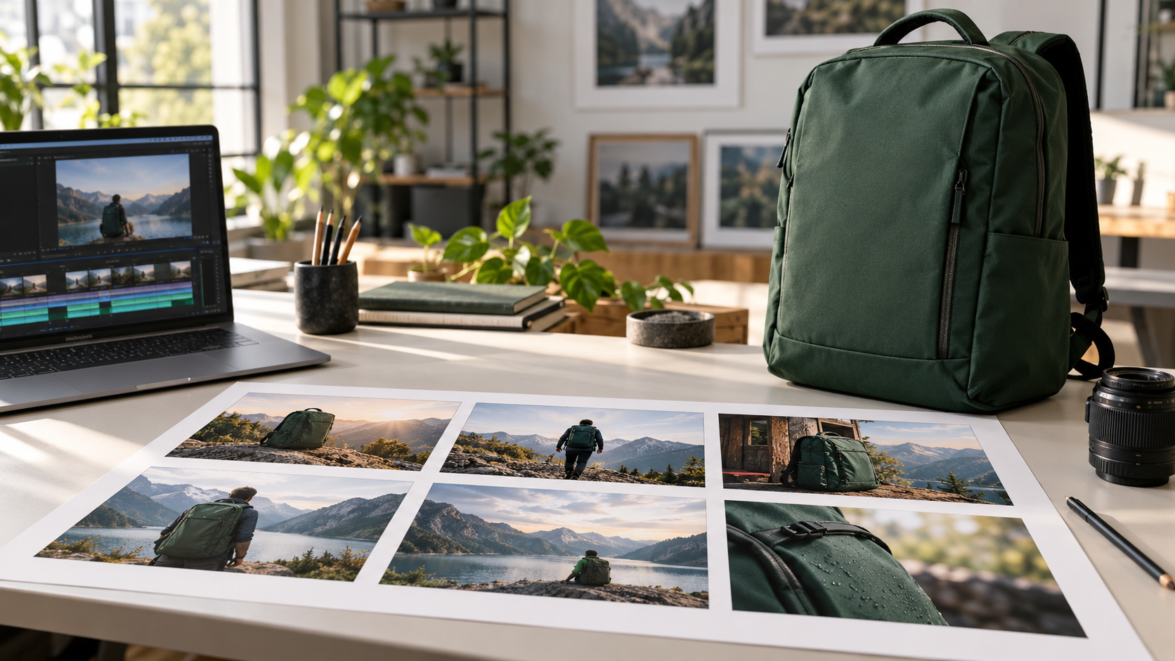 AI-generated editorial image of a green backpack, photographic storyboard and video editing workstation.